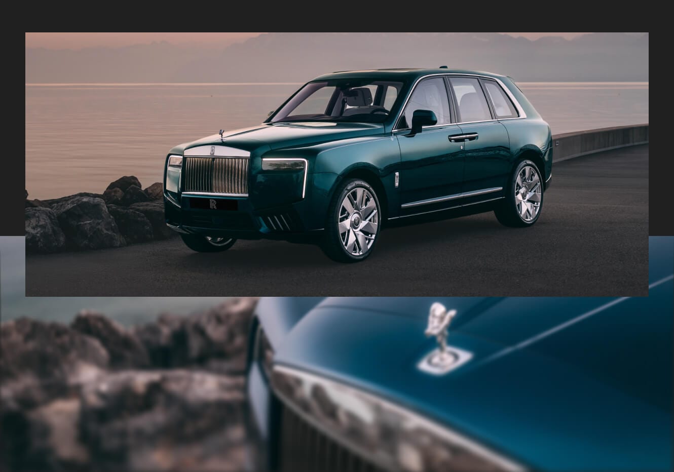 Front three-quarter view of a 2027 Rolls-Royce Cullinan Series II in green parked along by the sea, with a close-up highlighting the Spirit of Ecstasy.