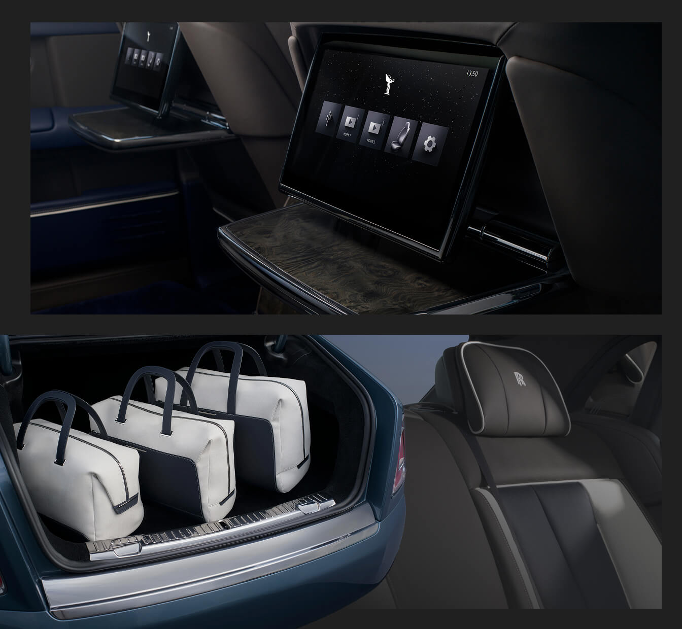 A multi-panel composite showing the rear theater configuration of a 2027 Rolls-Royce Phantom Extended Series II paired with custom Bespoke leather luggage.