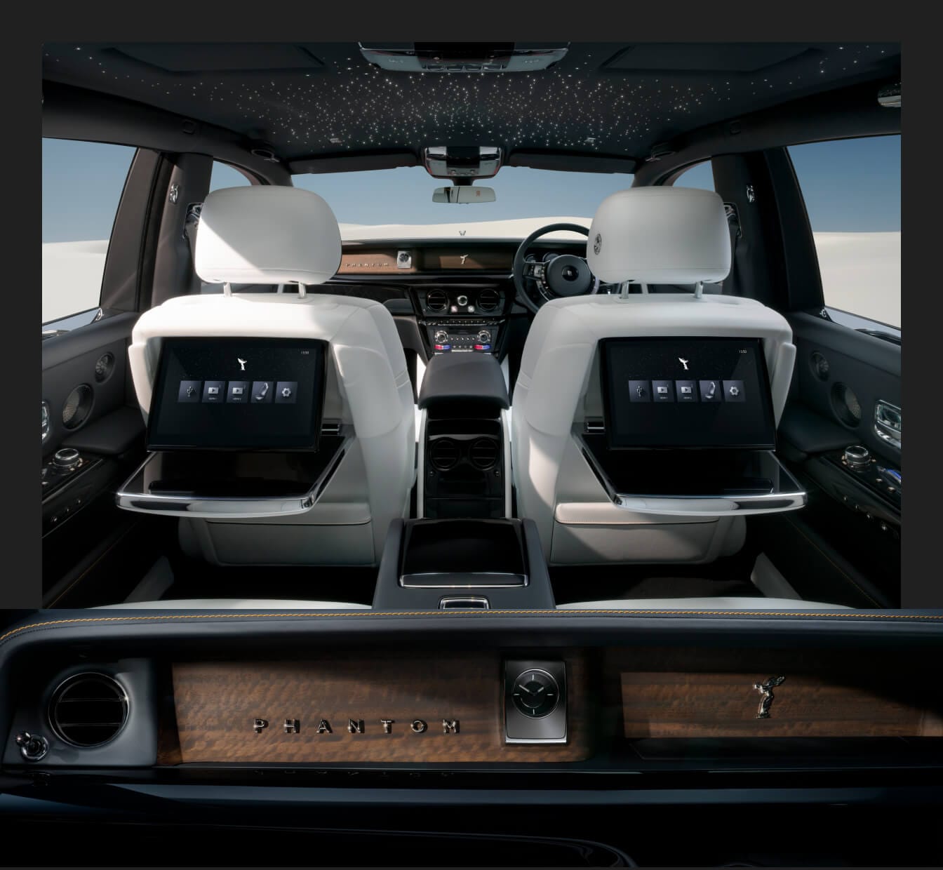 Two-panel composite showcasing the rear executive seating suite of a 2027 Rolls-Royce Phantom Extended Series II in Grace White alongside a detailed view of the handcrafted wood dashboard.