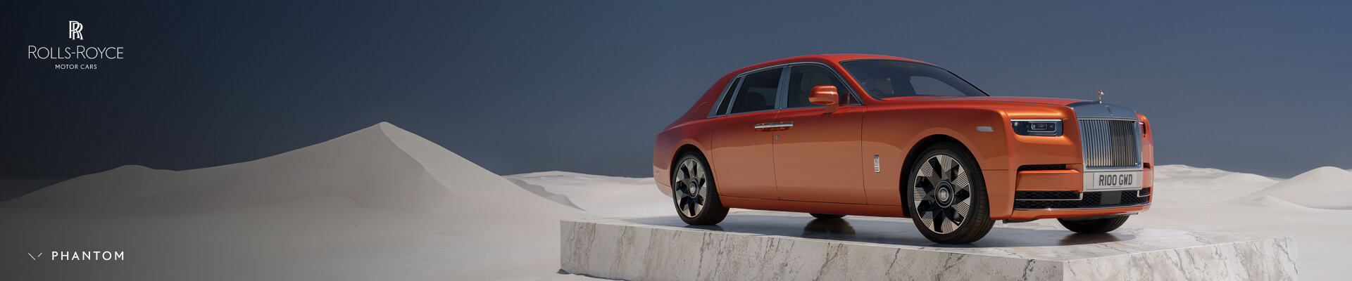 Front three-quarter view of a 2027 Rolls-Royce Phantom Extended Series II finished in a custom burnt orange copper metallic.