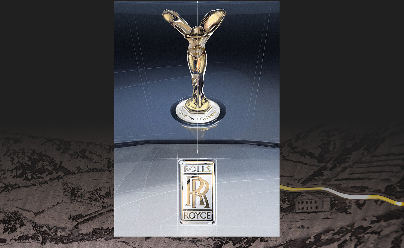 Close-up detailed view of a 2027 Rolls-Royce Phantom Centenary Edition featuring a gold Spirit of Ecstasy hood ornament.