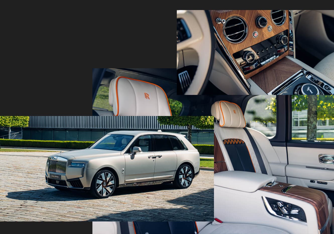 Front three-quarter view of a 2027 Rolls-Royce Cullinan Series II in white parked on a paved courtyard, surrounded by inset details white leather.