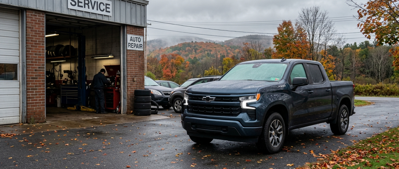2026 Chevrolet Silverado 1500 at a Vermont dealership service bay on a cold autumn morning 