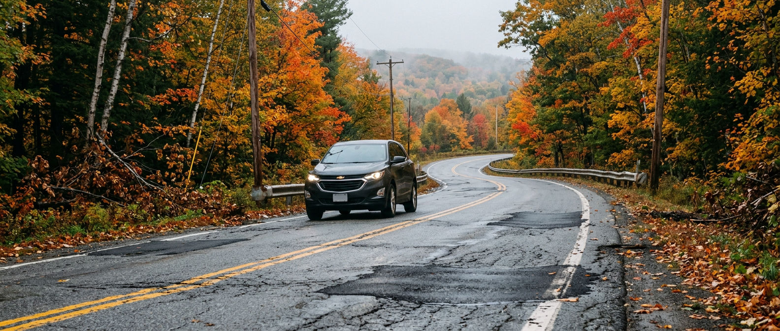 A Chevrolet Equinox driving on a winding two-lane Vermont road in early October, surrounded by fall foliage, with visible frost heave ripples and patched asphalt in the foreground, overcast sky 