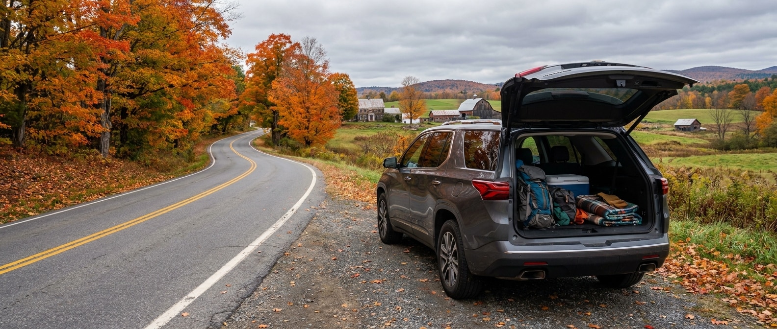 2026 Chevrolet Traverse packed for a fall road trip on a colorful Vermont two-lane road at foliage season