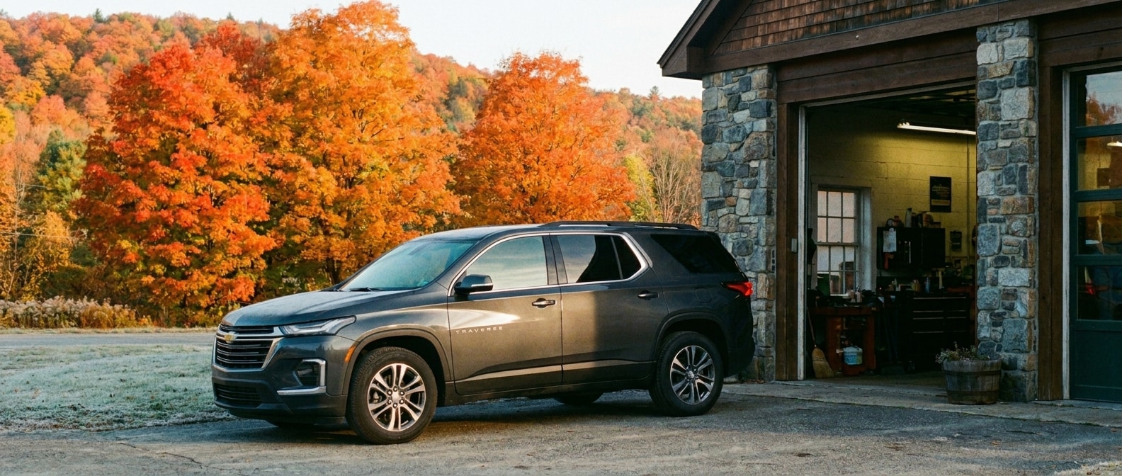 A 2026 Chevrolet Traverse in dark metallic gray parked at a Vermont service bay entrance on a crisp fall morning, orange and red maple foliage visible on a hillside in the background, a technician inspecting brake components with wheels removed