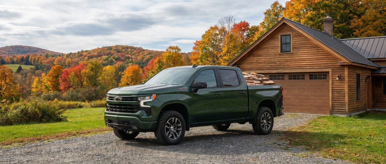 A 2026 Chevrolet Silverado 1500 Crew Cab in a rural southern Vermont setting, with autumn foliage in the background and a load of firewood in the short bed, parked on a gravel driveway beside an older farmhouse with a single-car garage