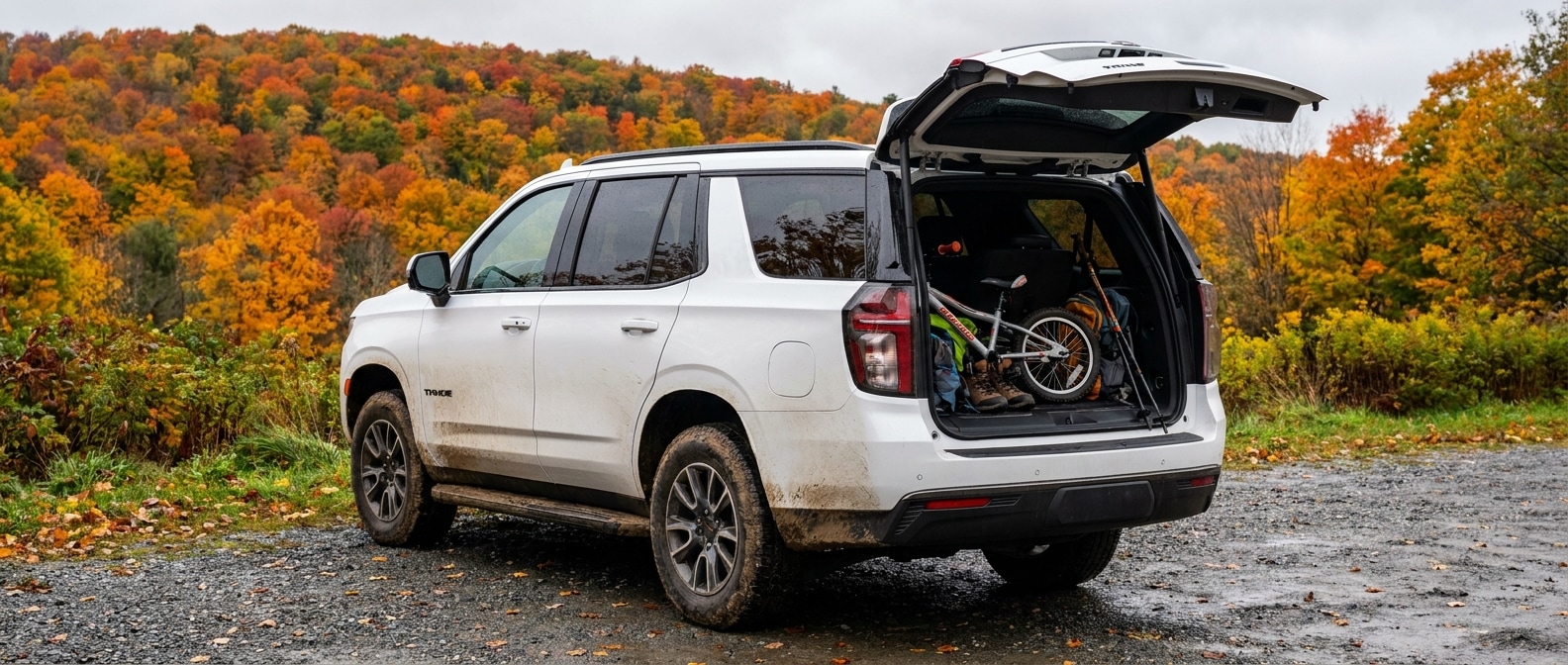 2026 Chevrolet Silverado 1500 towing a travel trailer on a Vermont road in fall=