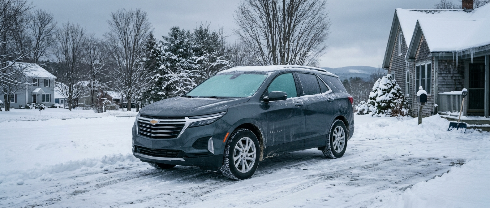 A 2026 Chevrolet Equinox in a snow-covered Vermont driveway on a cold winter morning