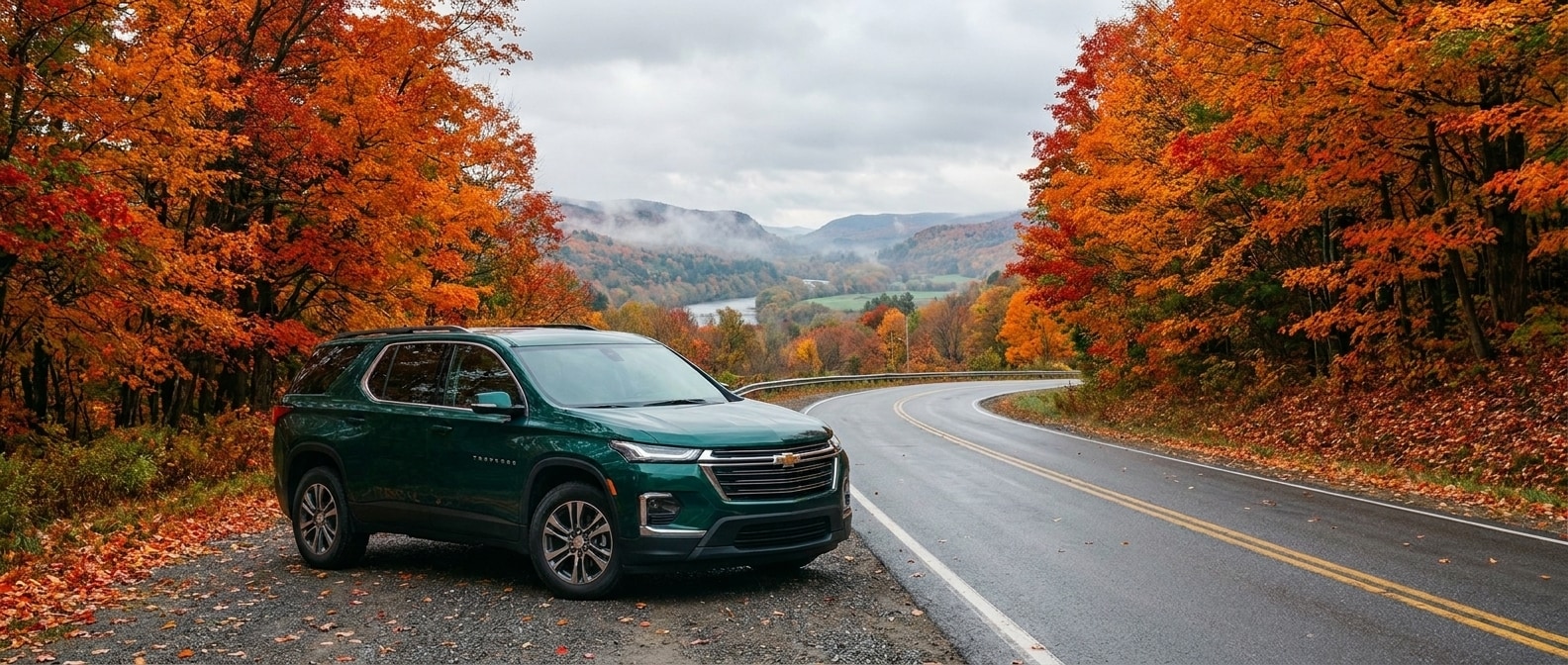 2026 Chevrolet Traverse parked on VT Route 30 during fall foliage season in the West River valley, southern Vermont