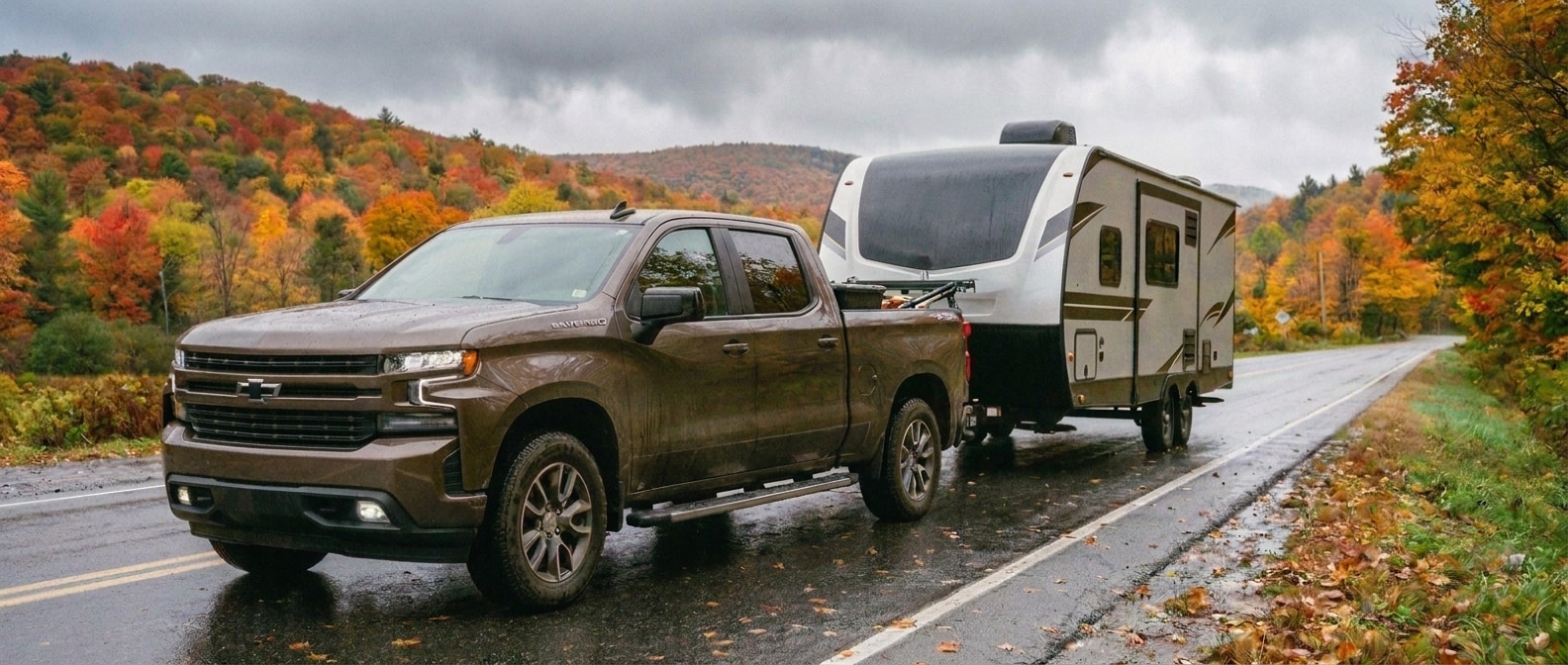 2026 Chevrolet Silverado 1500 towing a travel trailer on a Vermont road in fall