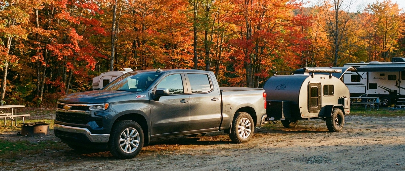 2026 Chevrolet Silverado 1500 Crew Cab with camping trailer at a Vermont campground during fall foliage season