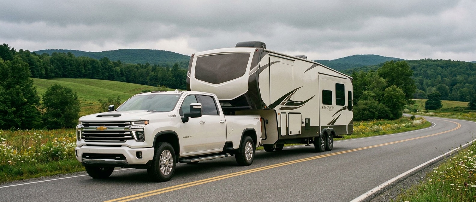 2026 Chevrolet Silverado 3500 HD towing a fifth-wheel camper on a Vermont two-lane road
