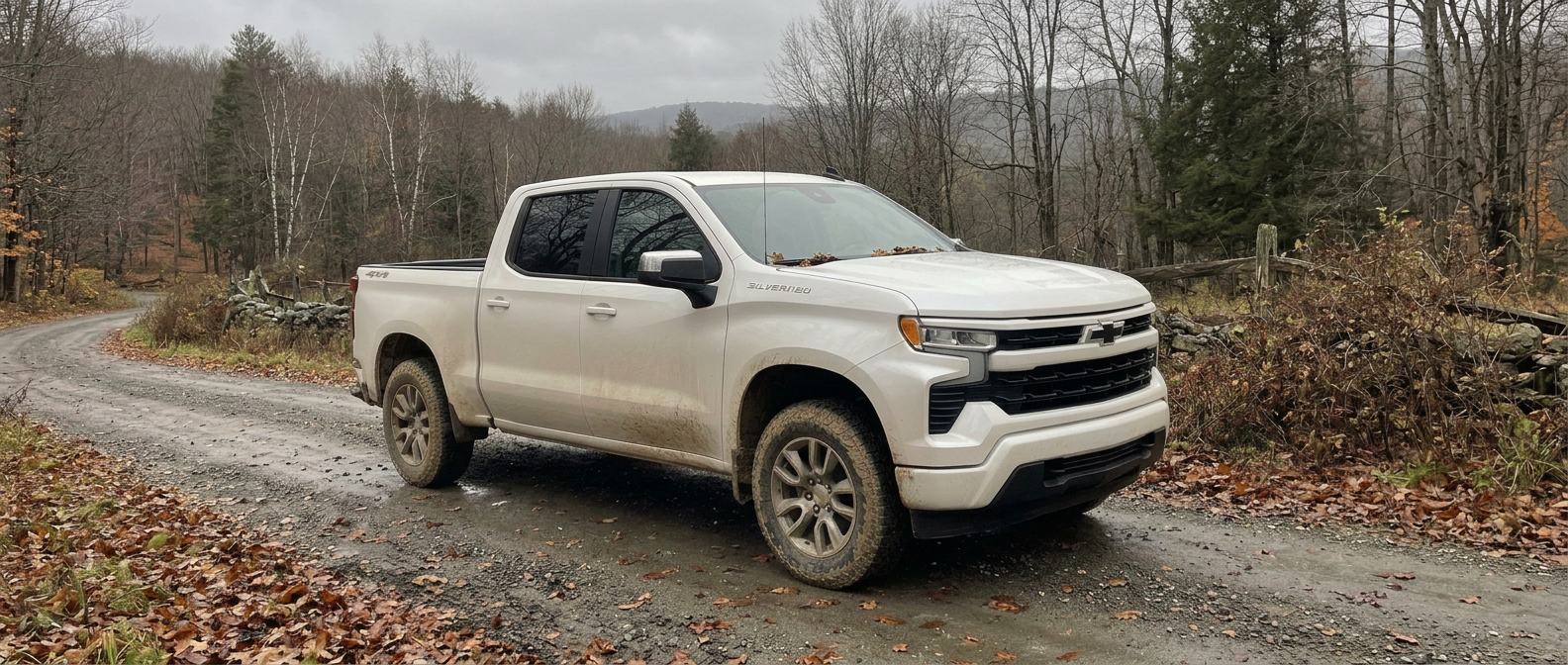 2026 Chevrolet Silverado 1500 on a Windham County gravel road in late October