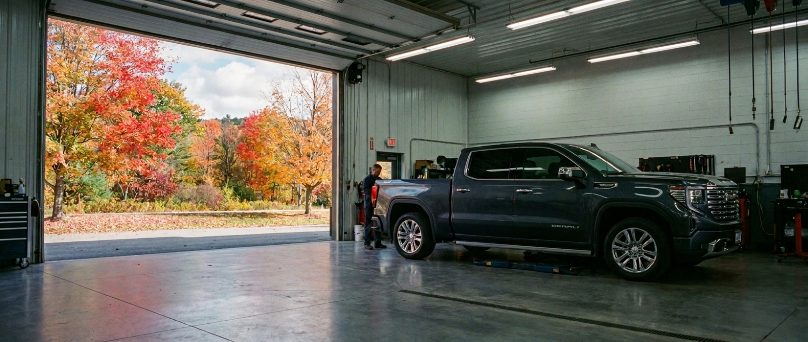 GMC service technician measuring brake rotor thickness during a fall brake inspection at a southern Vermont dealership service bay in autumn 2026 