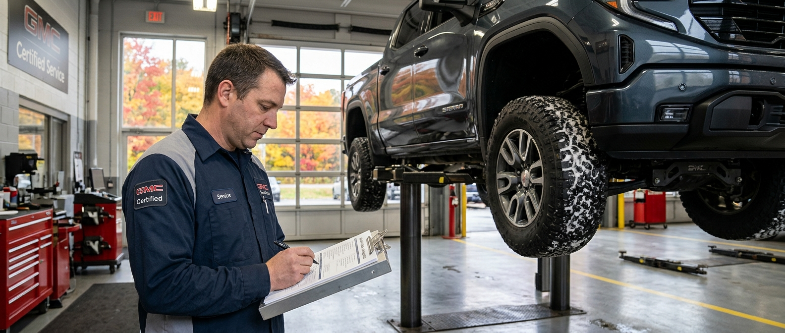 GMC-certified technician reviewing multipoint inspection checklist next to a 2026 GMC Sierra 1500 on a lift in a Vermont dealership service bay.png