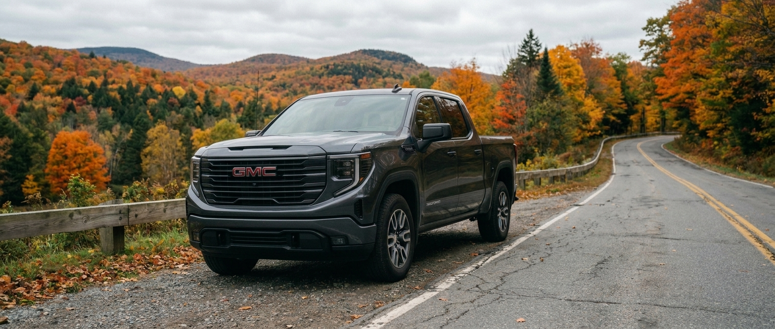 2026 GMC Sierra 1500 transmission service inspection on a Vermont hillside road in autumn.png