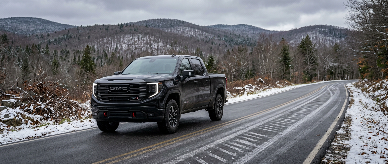 2026 GMC Sierra 1500 AT4 on a snow-dusted Vermont mountain road in late October 