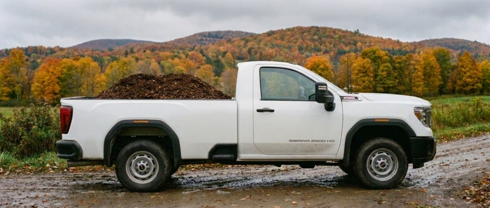 2026 GMC Sierra 1500 with MultiPro tailgate open on a Vermont dirt road in autumn