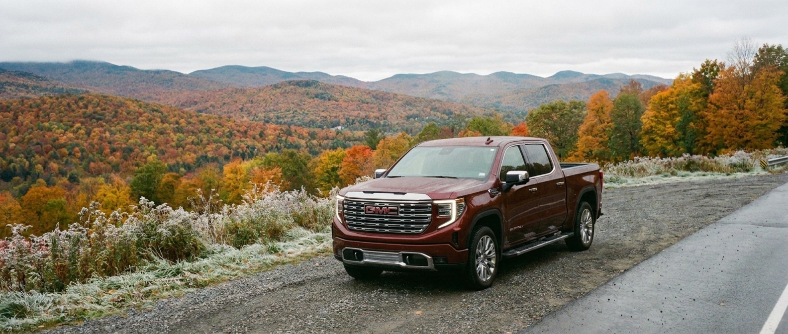 2026 GMC Sierra 1500 at Hogback Mountain overlook on Route 9 in Marlboro, Vermont during peak October foliage