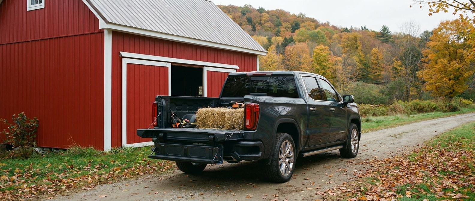 2026 GMC Sierra 1500 with MultiPro tailgate open on a Vermont dirt road in autumn