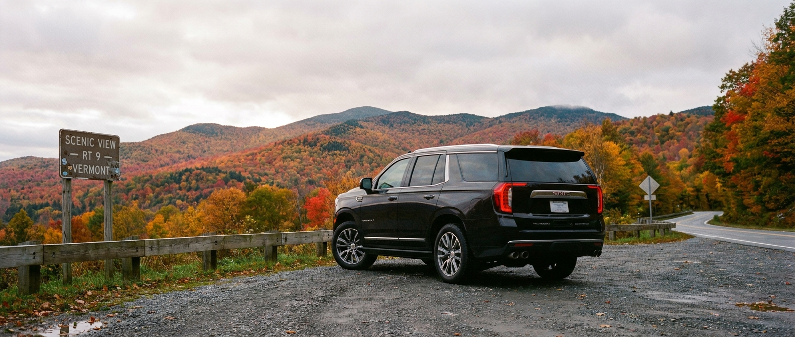 2026 GMC Yukon at a Vermont foliage overlook on Route 9 in Windham County