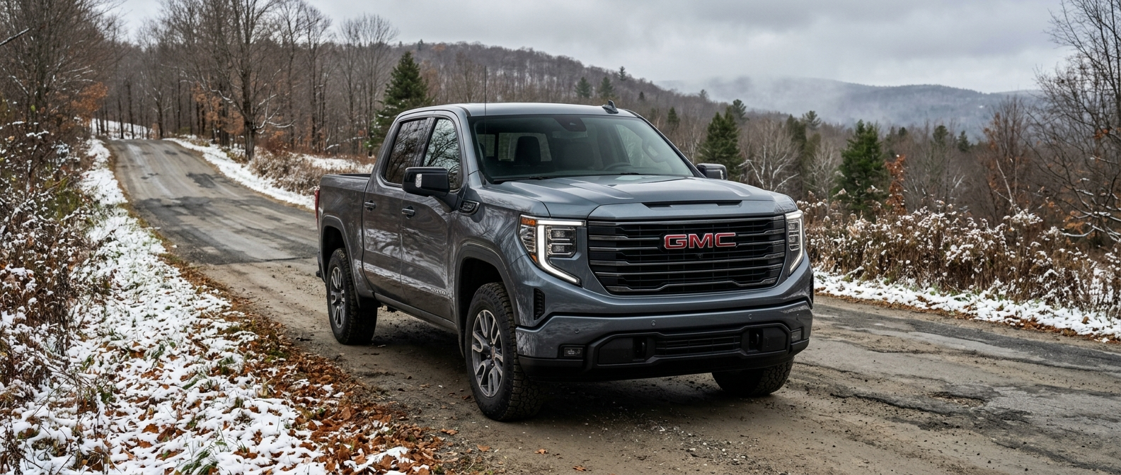A 2026 GMC Sierra 1500 parked on a snow-dusted Vermont hill road in late October, bare maple trees on the ridgeline behind it, overcast northern light, the truck's front-end and hood prominent, clean and capable, no mud-bog or dramatic action