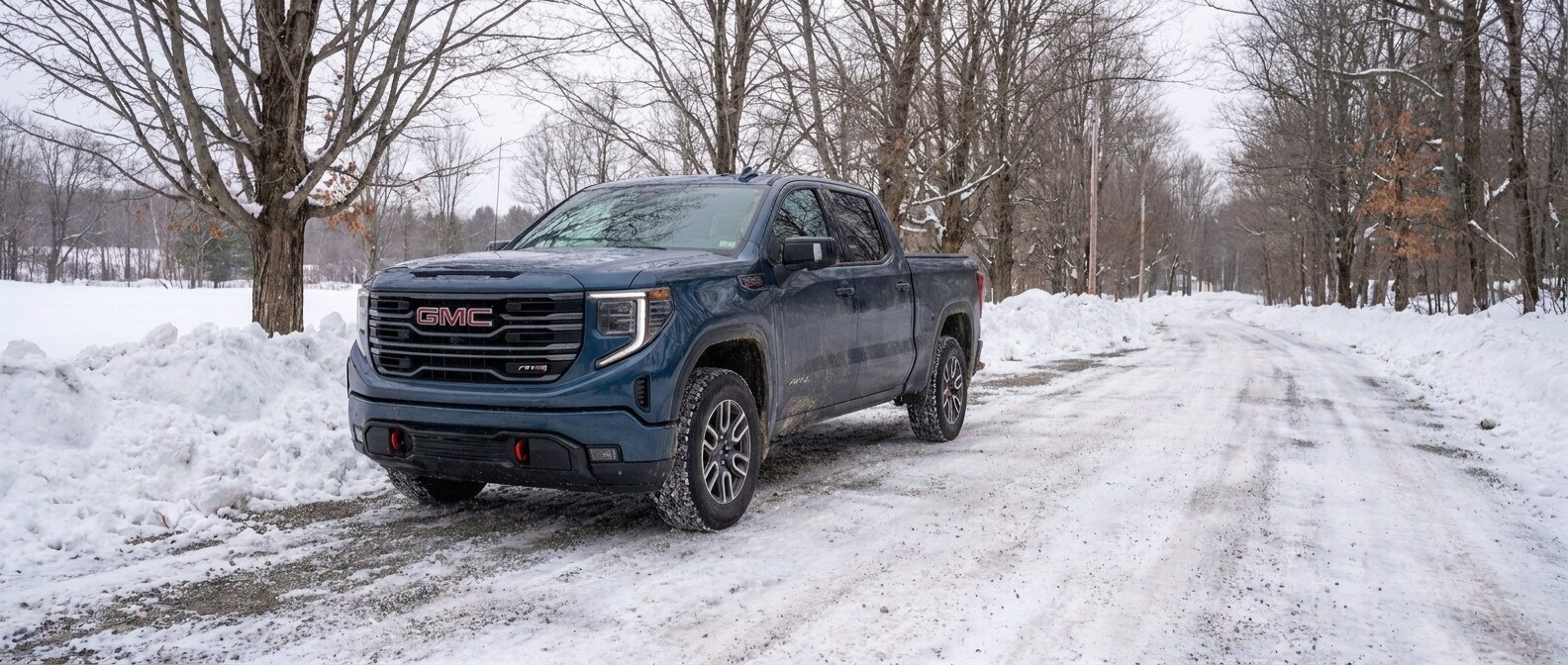 2026 GMC Sierra 1500 Crew Cab on a snow-banked gravel road in southern Vermont