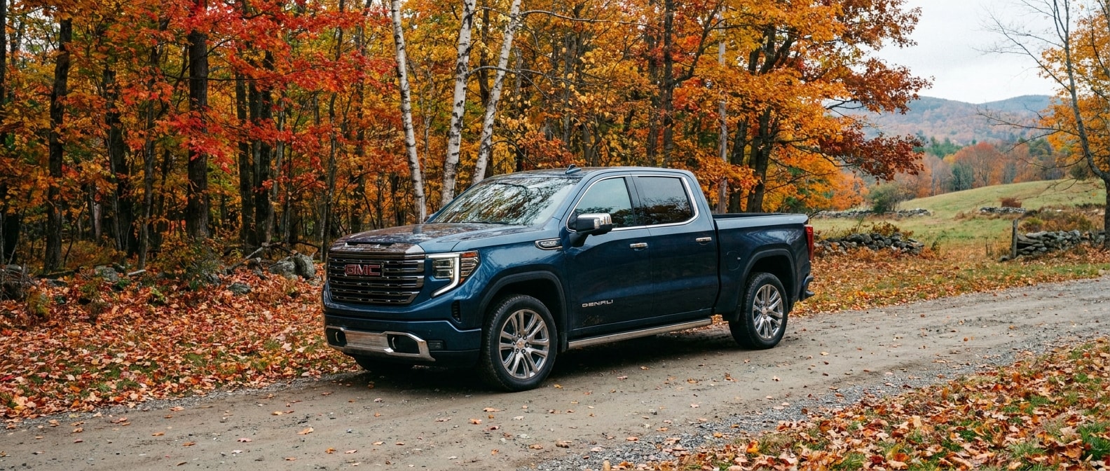 A 2026 GMC Sierra 1500 parked on a Vermont hill road under full October foliage, viewed from a slight angle showing the truck's profile against a backdrop of gold and red hardwoods, flat northern light, no studio backdrop