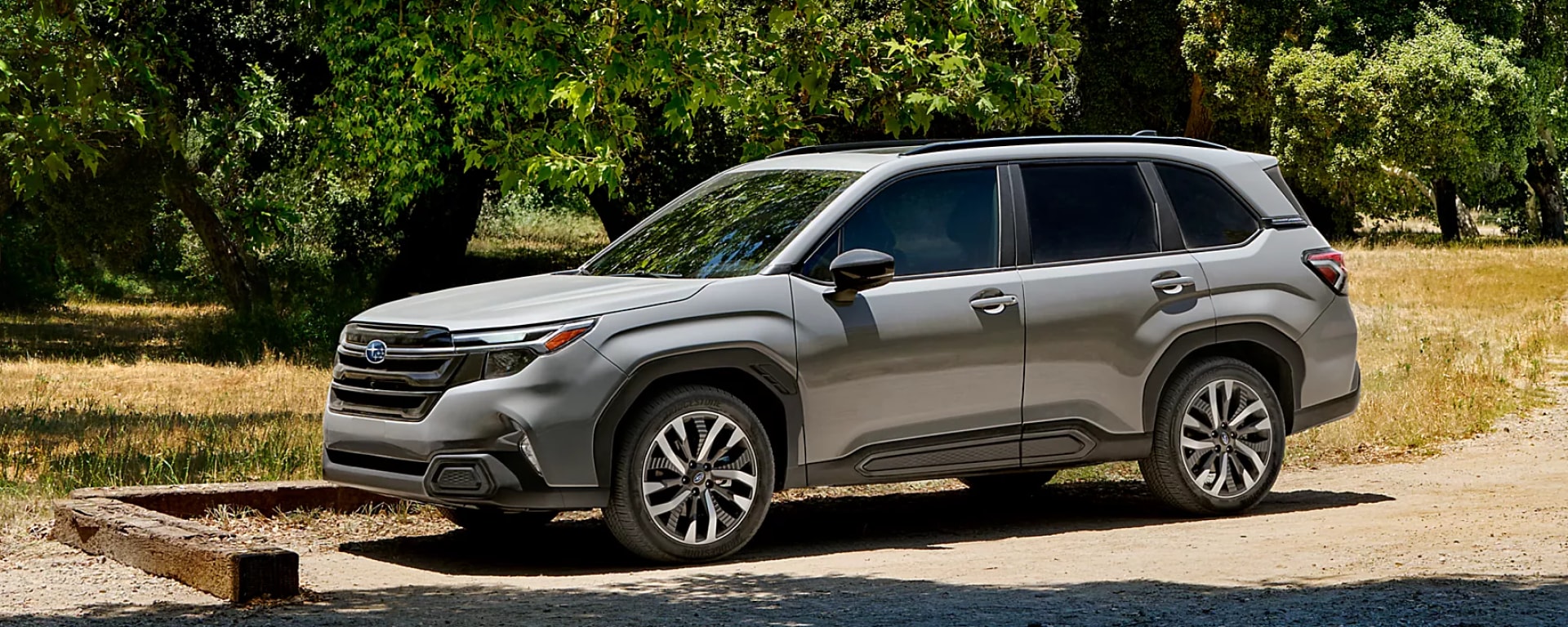 Gray 2025 Subaru Forester parked in sunny forest setting near Danbury, CT