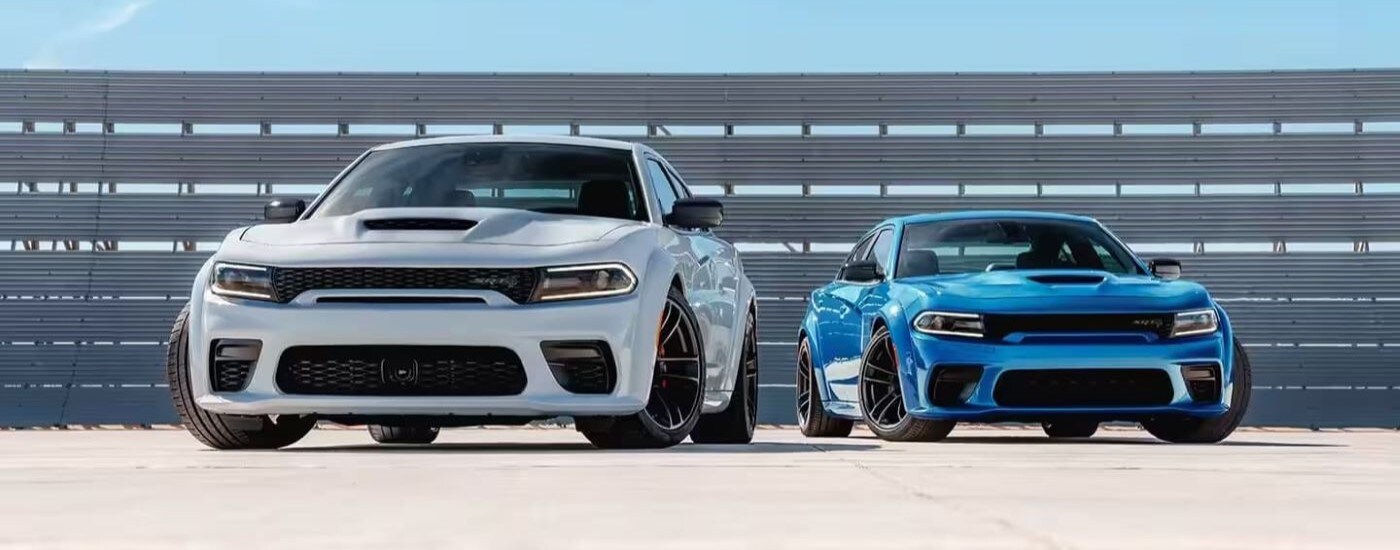 A pair of blue and white 2023 Dodge Charger SRT Hellcat from a Dealer Near North Miami