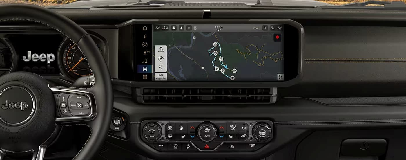 The black dash in a 2025 Jeep Wrangler.
