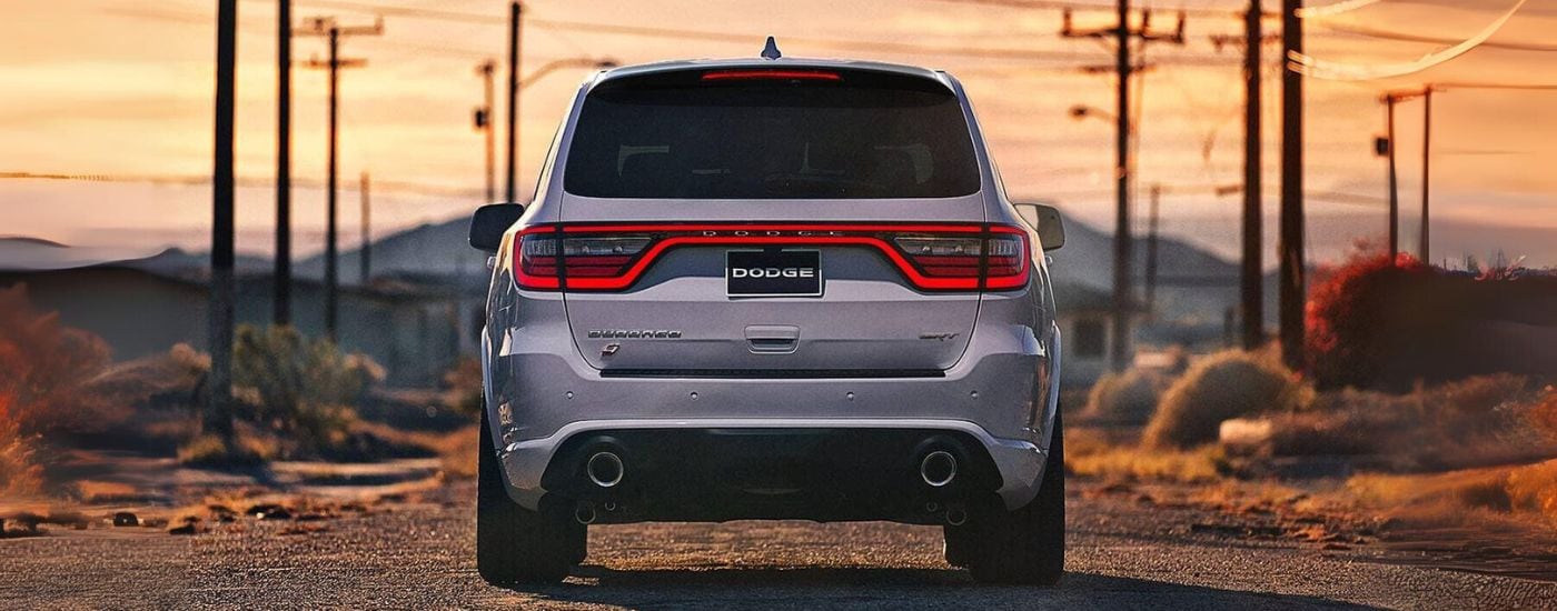 Silver 2024 Dodge Durango SRT from the rear