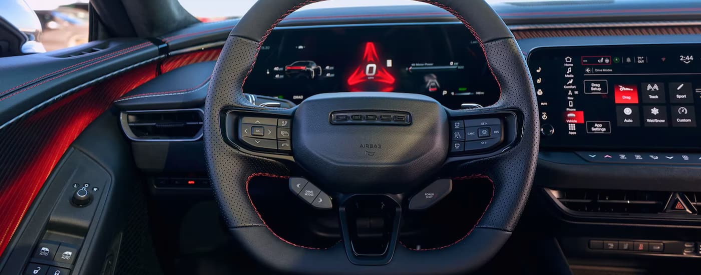 Steering wheel and dashboard in a 2025 Dodge Charger Daytona