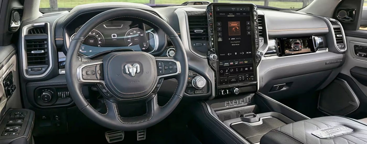 The black interior of a 2025 Ram 1500.