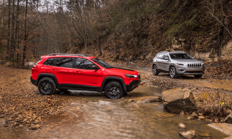 2021 Jeep Cherokee in red exterior parked in mud