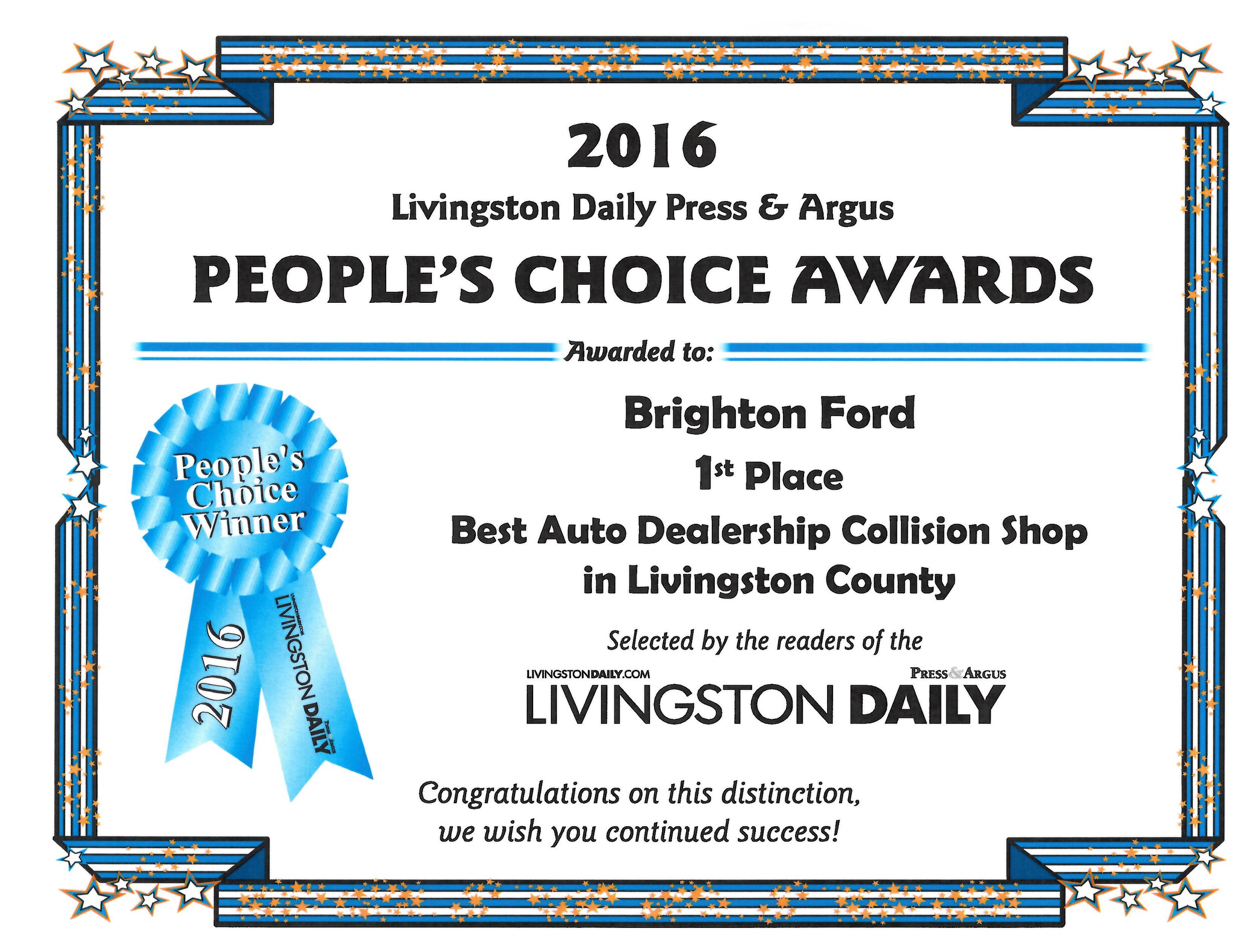 People's Choice Award - Best Collision Shop in Livingston County