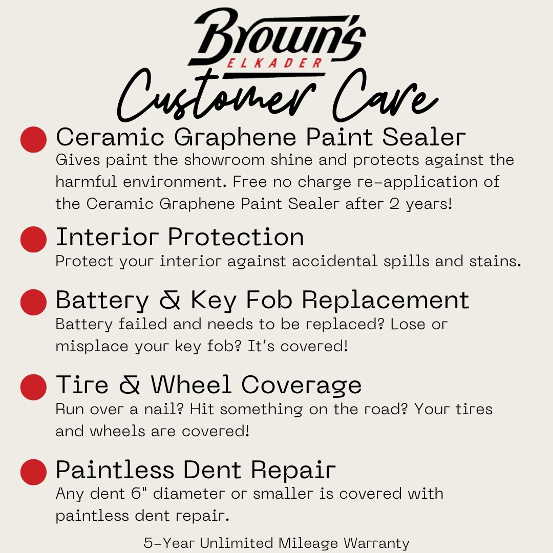 Brown's Elkader Customer Care overview listing Ceramic Graphene Paint Sealer, Interior Protection, Battery and Key Fob Replacement, Tire and Wheel Coverage, and Paintless Dent Repair