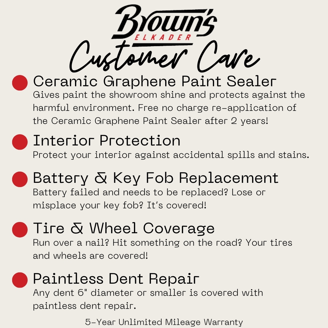 Brown's Elkader Customer Care overview listing Ceramic Graphene Paint Sealer, Interior Protection, Battery and Key Fob Replacement, Tire and Wheel Coverage, and Paintless Dent Repair