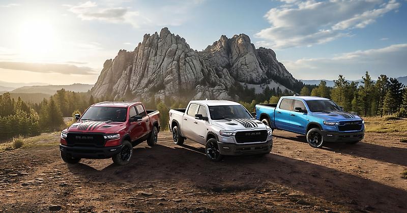 The RAM 1500 lineup at the base of a mountain