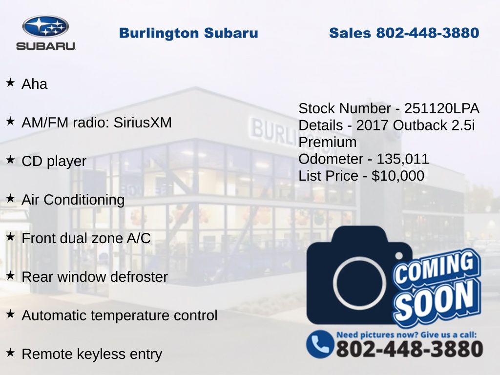 Used 2017 Subaru Outback Premium with VIN 4S4BSACC4H3272345 for sale in Burlington, VT