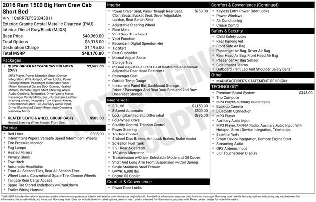 Used 2016 RAM Ram 1500 Pickup Big Horn with VIN 1C6RR7LT5GS343811 for sale in Reese, MI