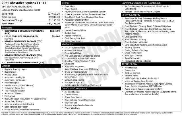 Used 2021 Chevrolet Equinox LT with VIN 2GNAXKEV5M6121000 for sale in Reese, MI