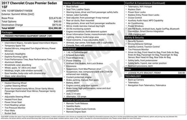 Used 2017 Chevrolet Cruze Premier with VIN 1G1BF5SM5H7194508 for sale in Reese, MI
