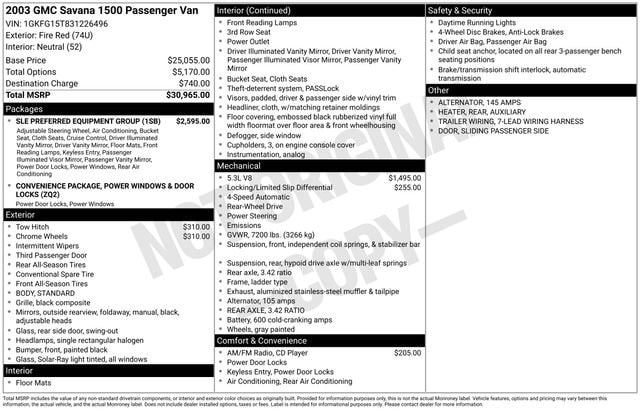 Used 2003 GMC Savana Standard with VIN 1GKFG15T831226496 for sale in Freeland, MI