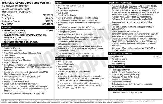 Used 2013 GMC Savana Cargo Base with VIN 1GTW7FCA7D1109097 for sale in Freeland, MI