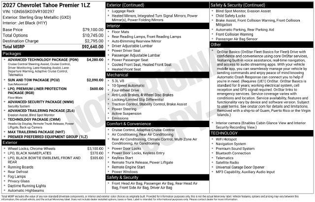 New 2027 Chevrolet Tahoe Premier SUV