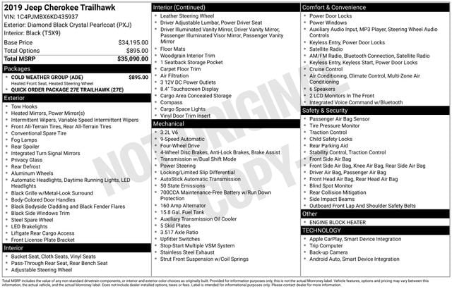 Used 2019 Jeep Cherokee Trailhawk with VIN 1C4PJMBX6KD435937 for sale in Freeland, MI