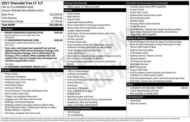 Used 2021 Chevrolet Trax LT with VIN KL7CJLSM0MB374658 for sale in Freeland, MI