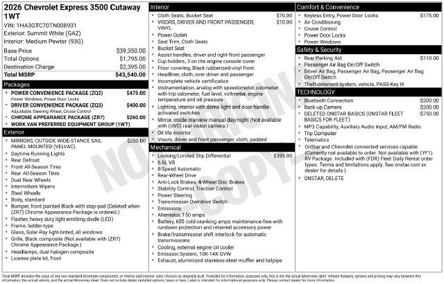 New 2026 Chevrolet Express Cutaway 3500 1WT Cutaway Van
